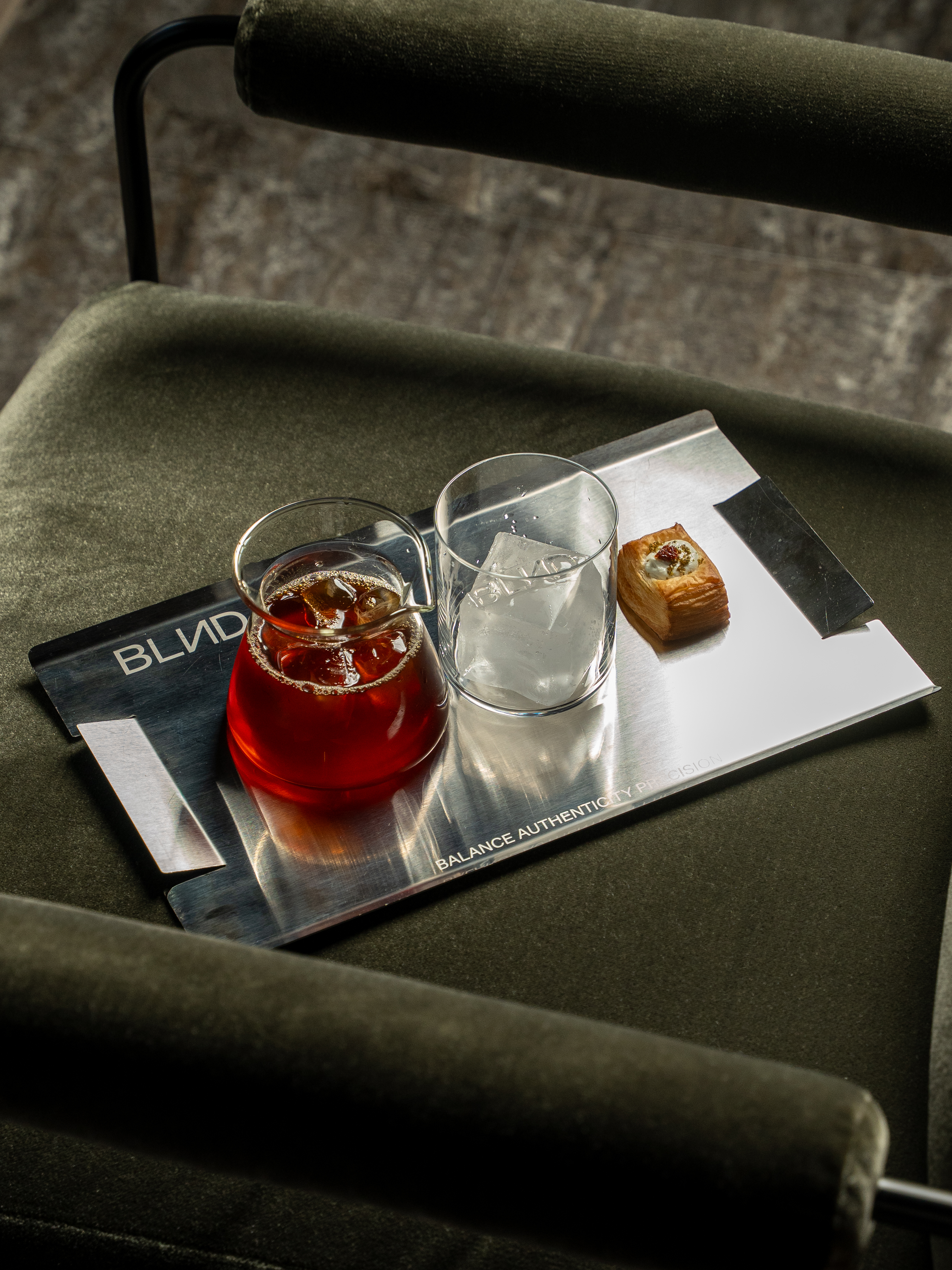 BLND filter coffee service on a steel tray